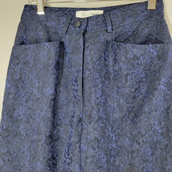 MAXMARA navy damask jacquard silk blend high rise dress pant trousers